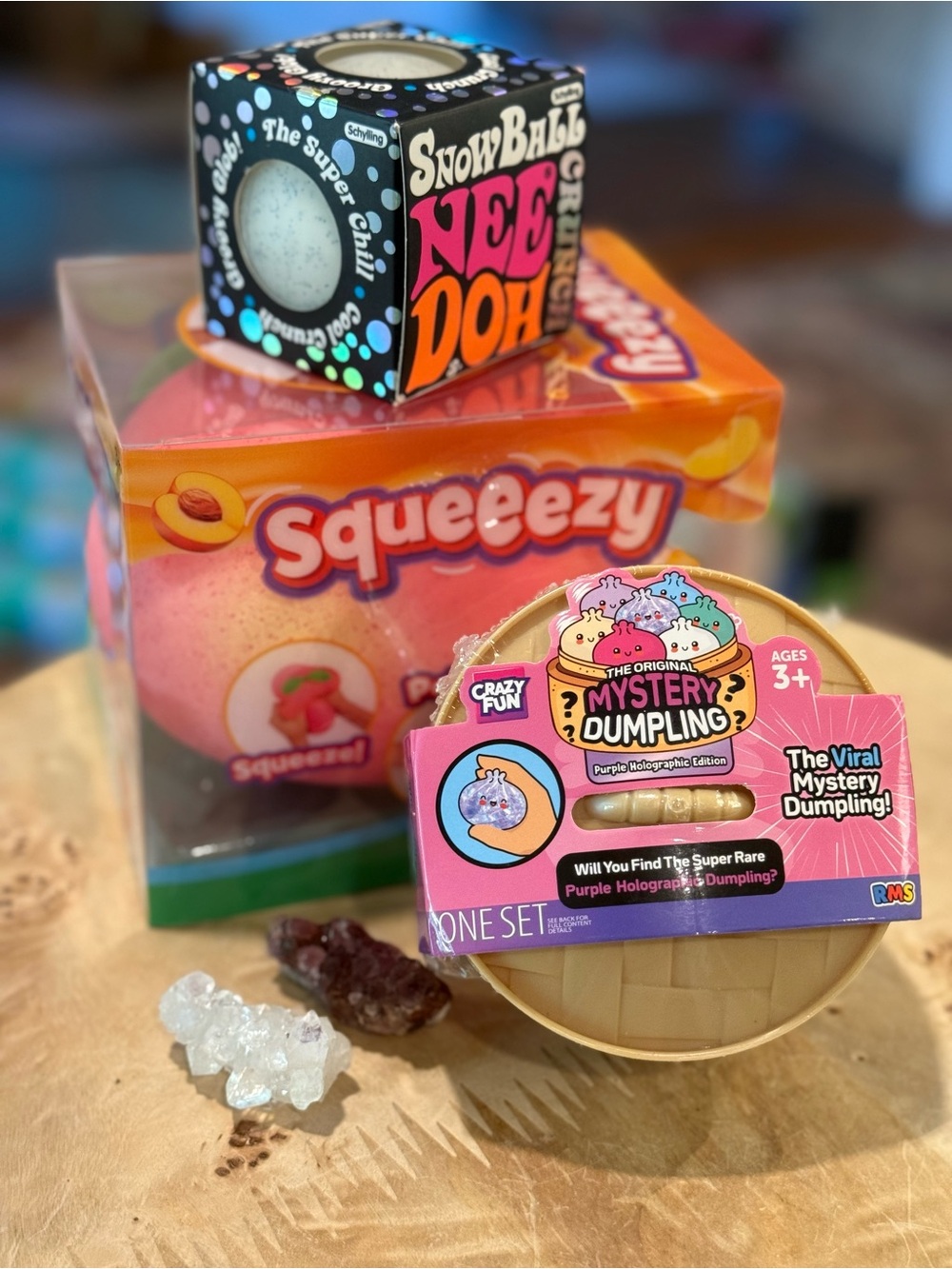 Rare NeeDoh Snowball Crunch + RMS Mystery Dumpling + Peach Squeeezy Bundle